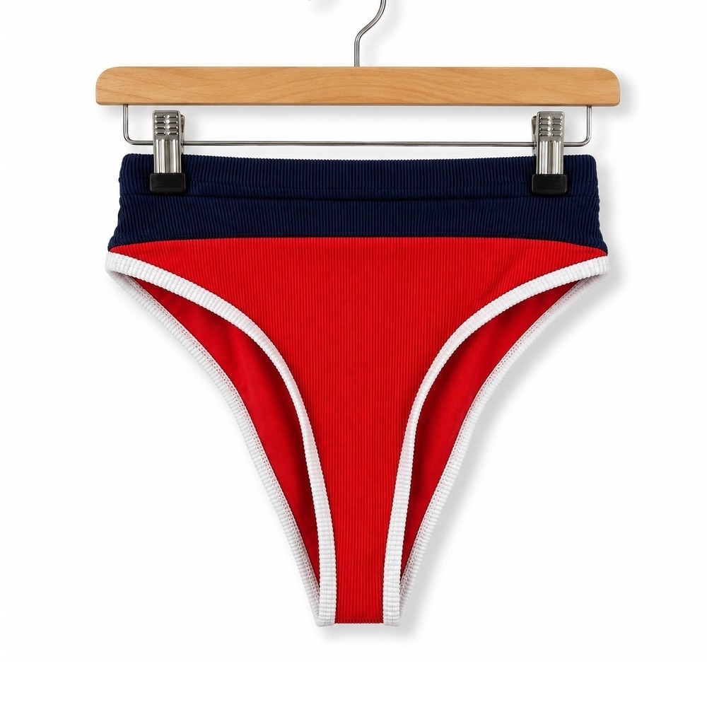 Beach Riot Bikini Bottom Women Small Red Colorblock Ribbed High Waist Beachwear